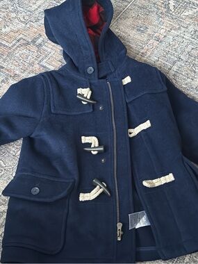 GAP Kids Navy Hooded Pea Coat with Cream Rope Toggles